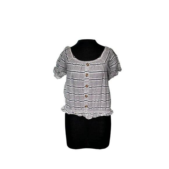 Striped Boho Off-Shoulder Button-Up Blouse With Ruffle Hem - Picture 1 of 10
